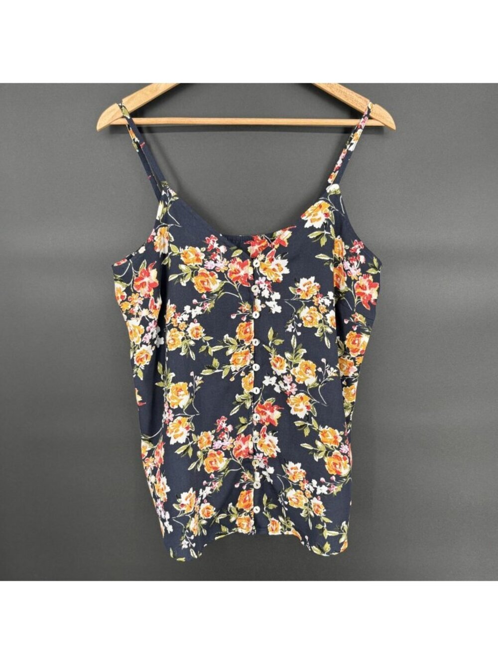 Peyton Jensen Womens Floral Tank Top XL Navy Button Front Rayon Cami Boho